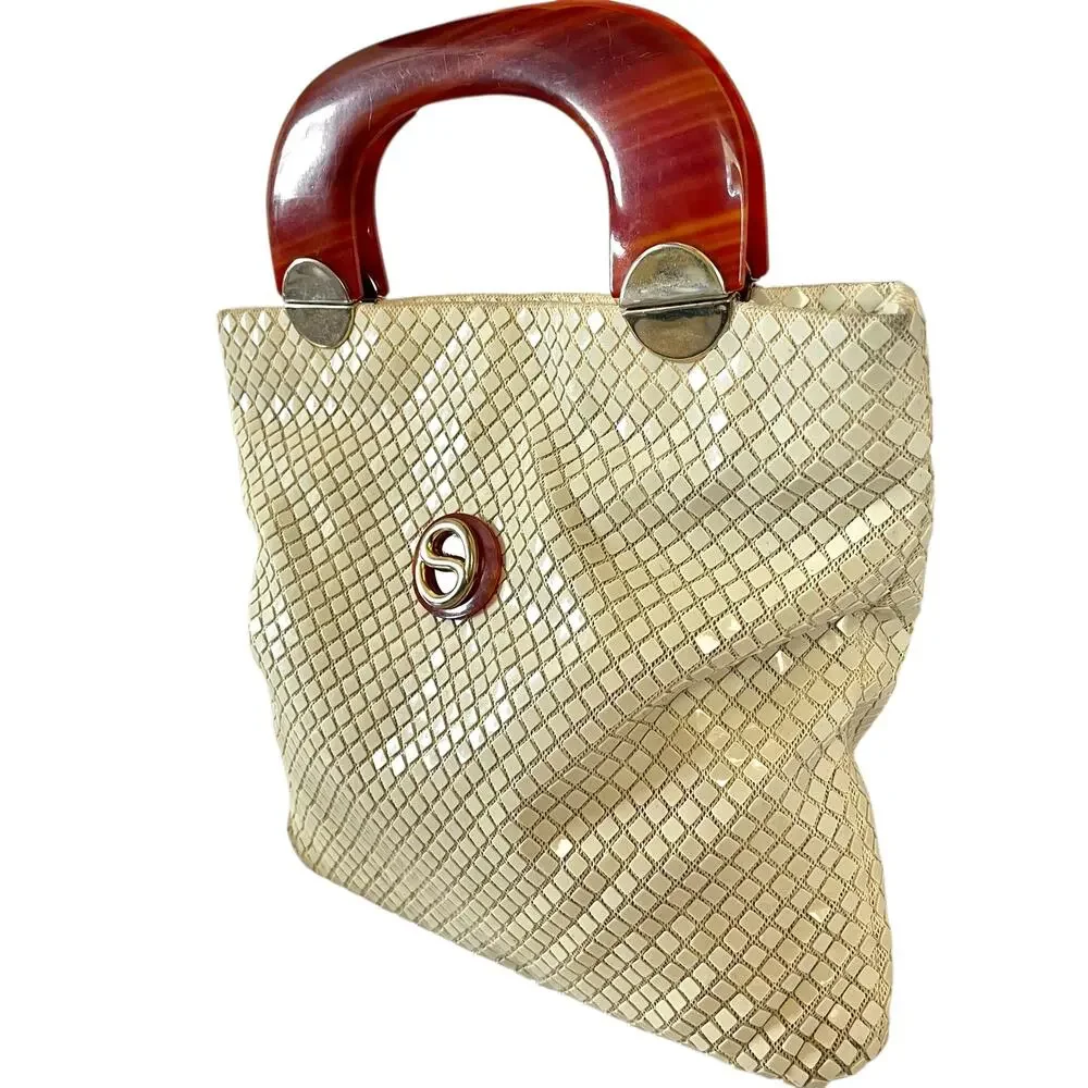 Vintage Lumured Ivory-White Luma Mesh Tortoise Shell Lucite Mod Handbag